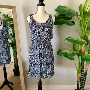 Navy and white print dress